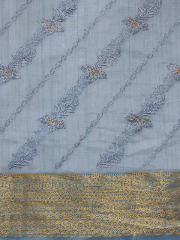 Blue Kota Doria Embroidered Floral Saree with Unstitched Blouse - Hiral Fashion | Grocsy