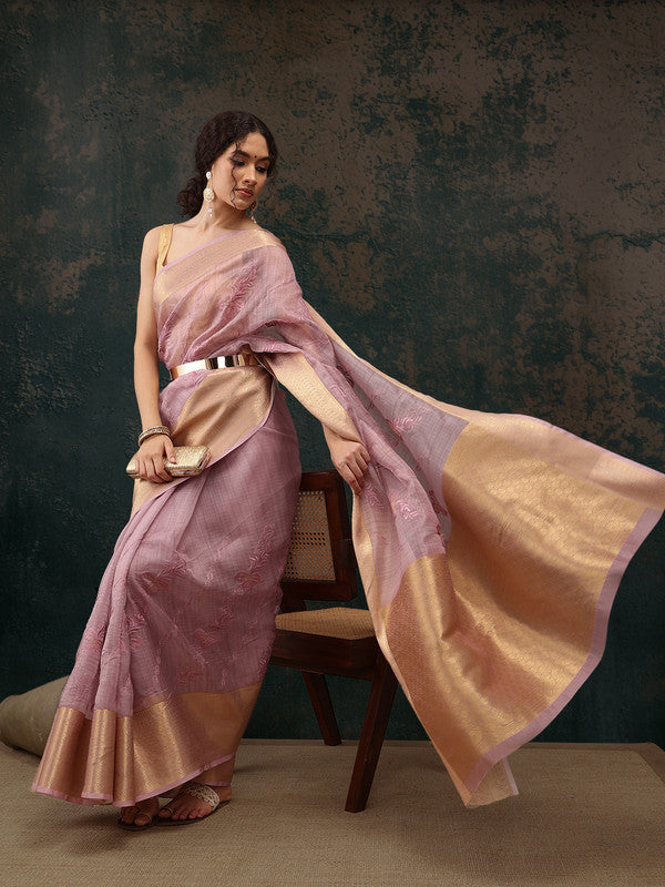 Pink Kota Doria Embroidered Floral Saree with Unstitched Blouse - Hiral Fashion | Grocsy