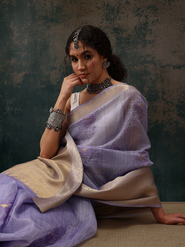 Lavender Kota Doria Embroidered Floral Saree with Unstitched Blouse - Hiral Fashion | Grocsy