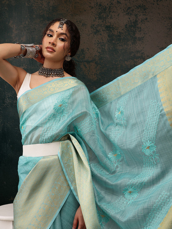 Turquoise Kota Doria Embroidered Floral Saree with Unstitched Blouse - Hiral Fashion | Grocsy