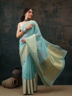 Turquoise Kota Doria Embroidered Floral Saree with Unstitched Blouse - Hiral Fashion | Grocsy