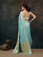 Turquoise Kota Doria Embroidered Floral Saree with Unstitched Blouse - Hiral Fashion | Grocsy