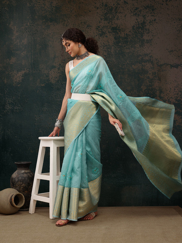 Turquoise Kota Doria Embroidered Floral Saree with Unstitched Blouse - Hiral Fashion | Grocsy
