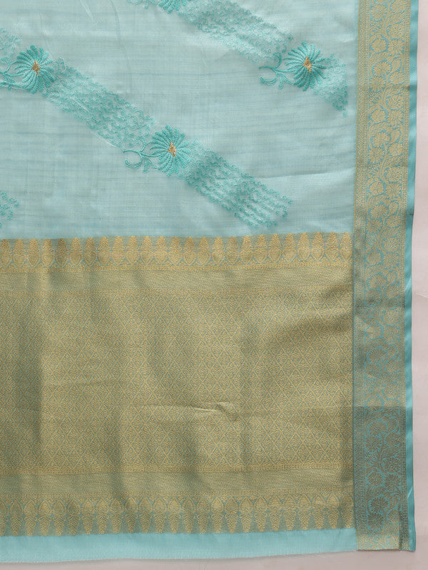 Turquoise Kota Doria Embroidered Floral Saree with Unstitched Blouse - Hiral Fashion | Grocsy