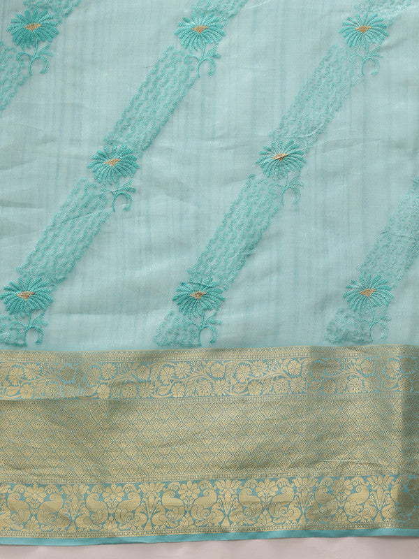 Turquoise Kota Doria Embroidered Floral Saree with Unstitched Blouse - Hiral Fashion | Grocsy