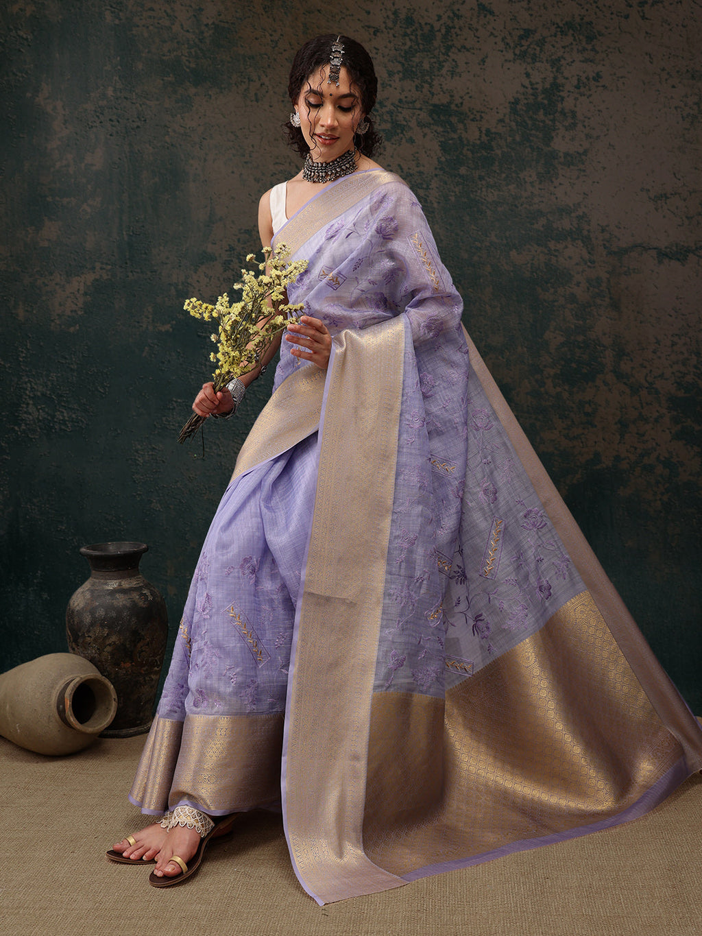 Lavender Kota Doria Embroidered Floral Saree with Unstitched Blouse - Hiral Fashion | Grocsy