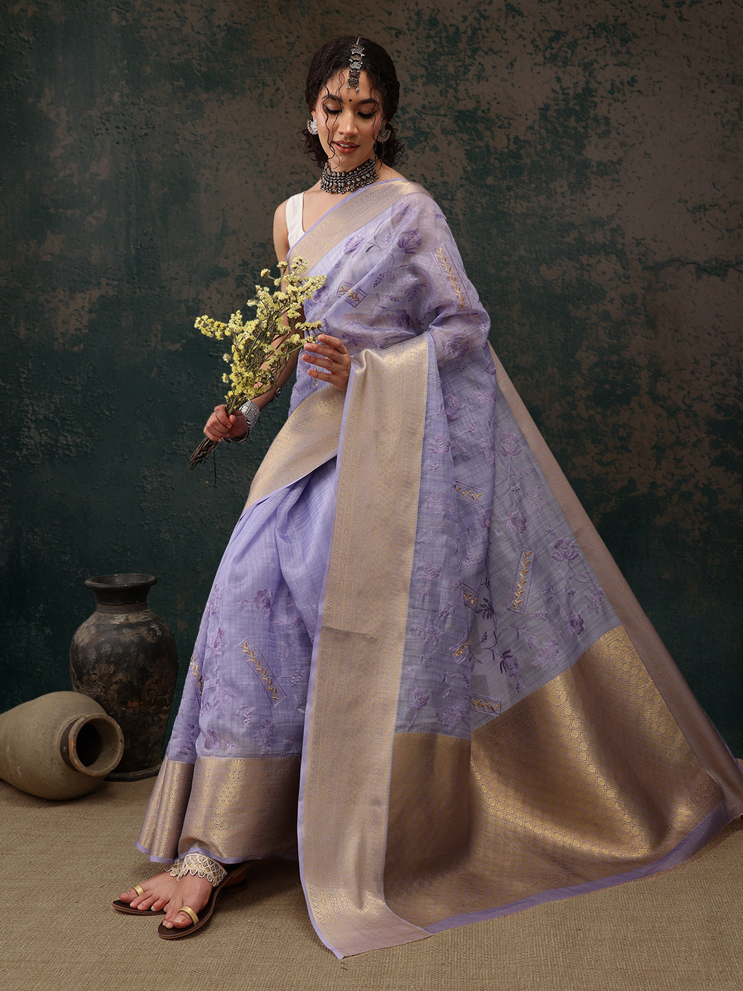 Lavender Kota Doria Embroidered Floral Saree with Unstitched Blouse - Hiral Fashion | Grocsy