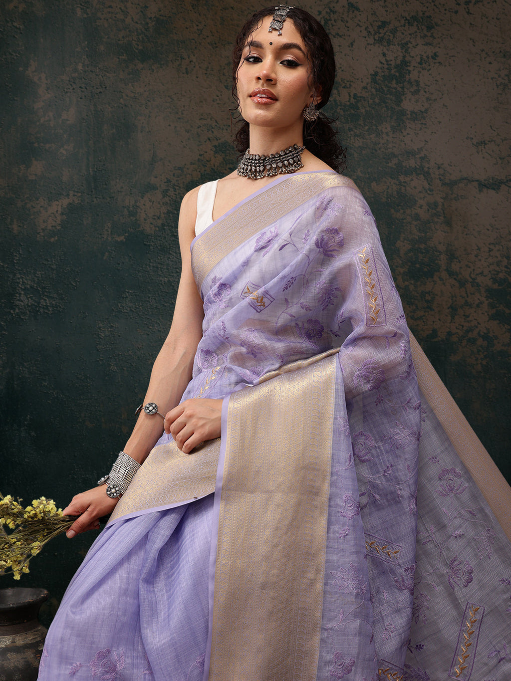Lavender Kota Doria Embroidered Floral Saree with Unstitched Blouse - Hiral Fashion | Grocsy
