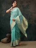 Turquoise Kota Doria Embroidered Floral Saree with Unstitched Blouse - Hiral Fashion | Grocsy
