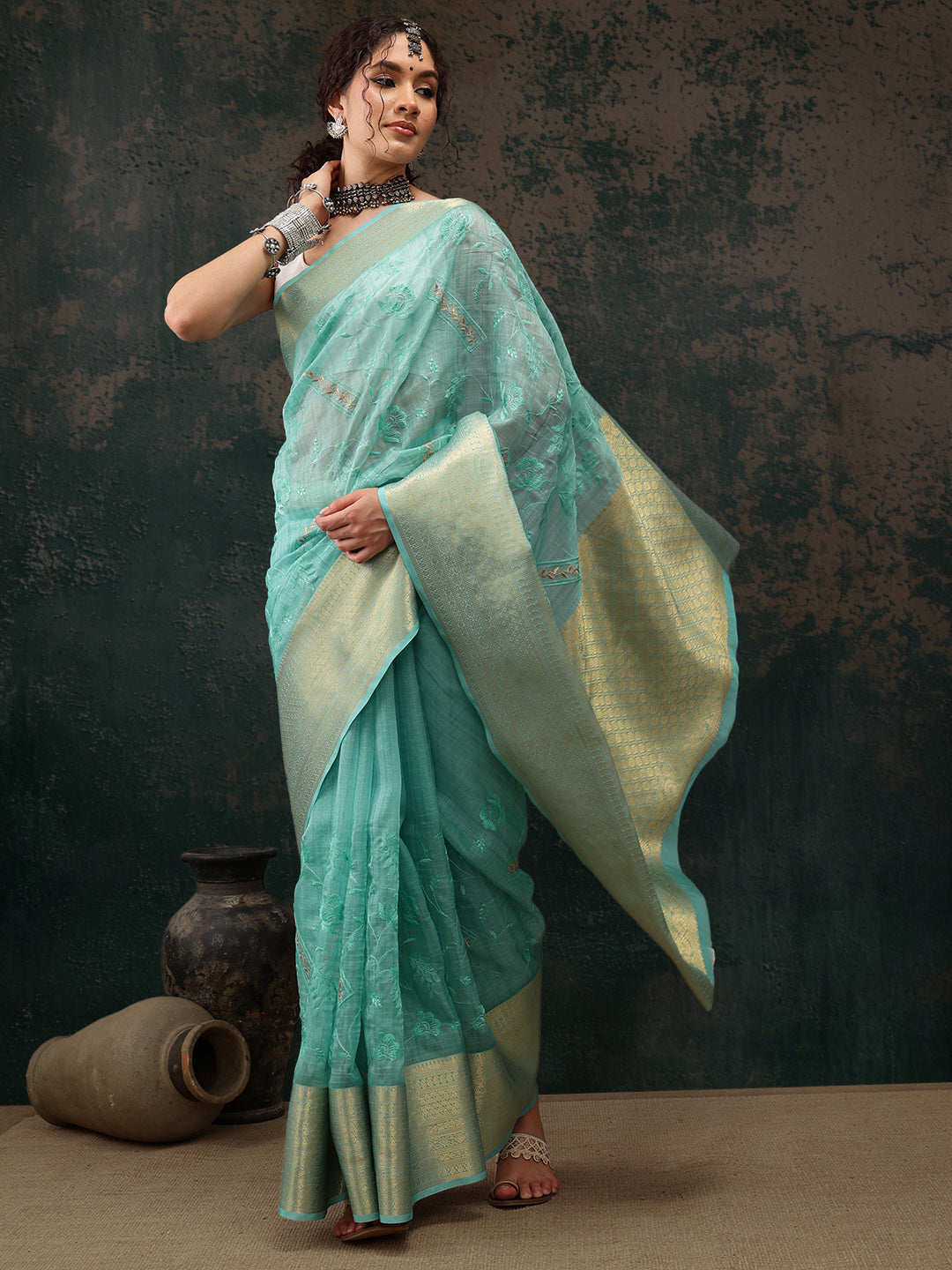 Turquoise Kota Doria Embroidered Floral Saree with Unstitched Blouse - Hiral Fashion | Grocsy