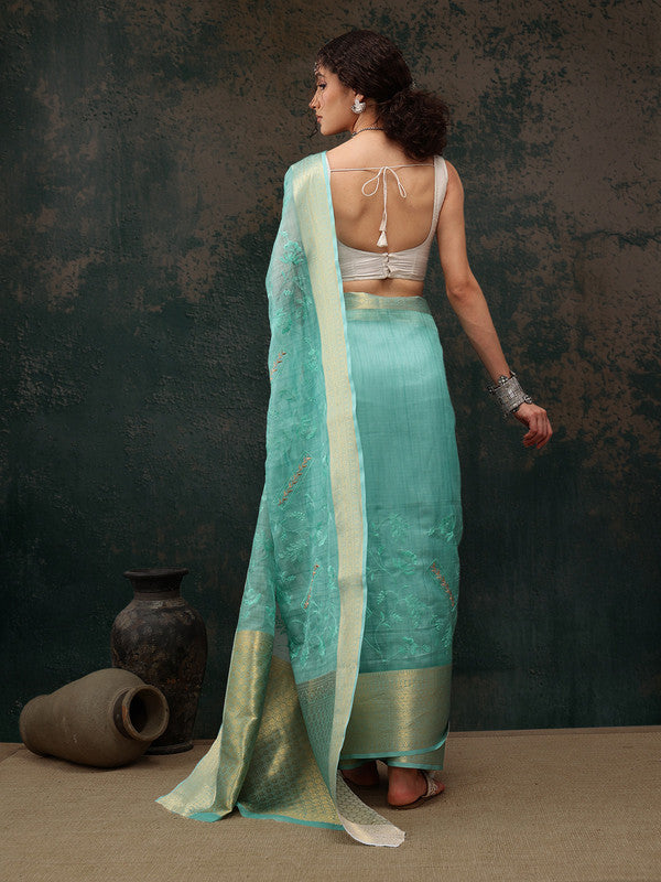 Turquoise Kota Doria Embroidered Floral Saree with Unstitched Blouse - Hiral Fashion | Grocsy