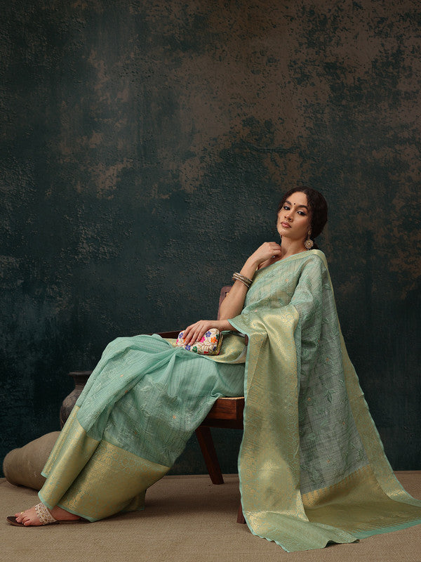 Green Kota Doria Embroidered Floral Saree with Unstitched Blouse - Hiral Fashion | Grocsy