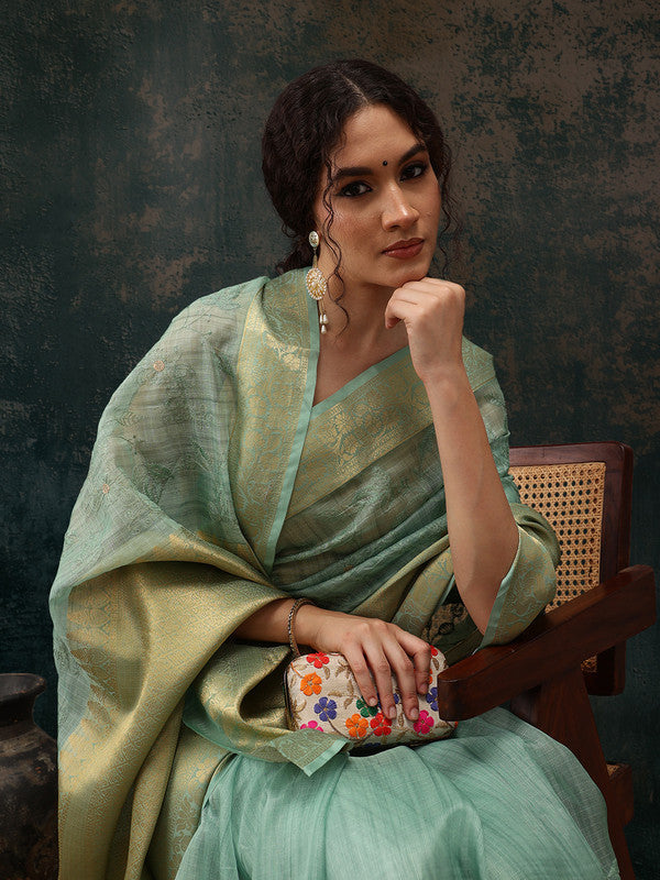 Green Kota Doria Embroidered Floral Saree with Unstitched Blouse - Hiral Fashion | Grocsy