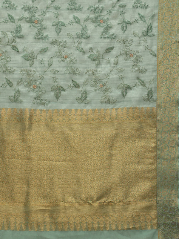 Green Kota Doria Embroidered Floral Saree with Unstitched Blouse - Hiral Fashion | Grocsy