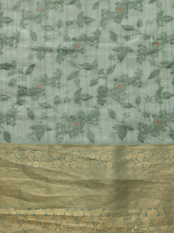 Green Kota Doria Embroidered Floral Saree with Unstitched Blouse - Hiral Fashion | Grocsy