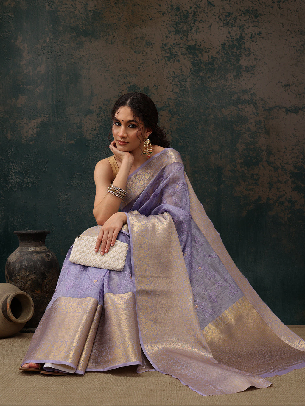 Lavender Kota Doria Embroidered Floral Saree with Unstitched Blouse - Hiral Fashion | Grocsy