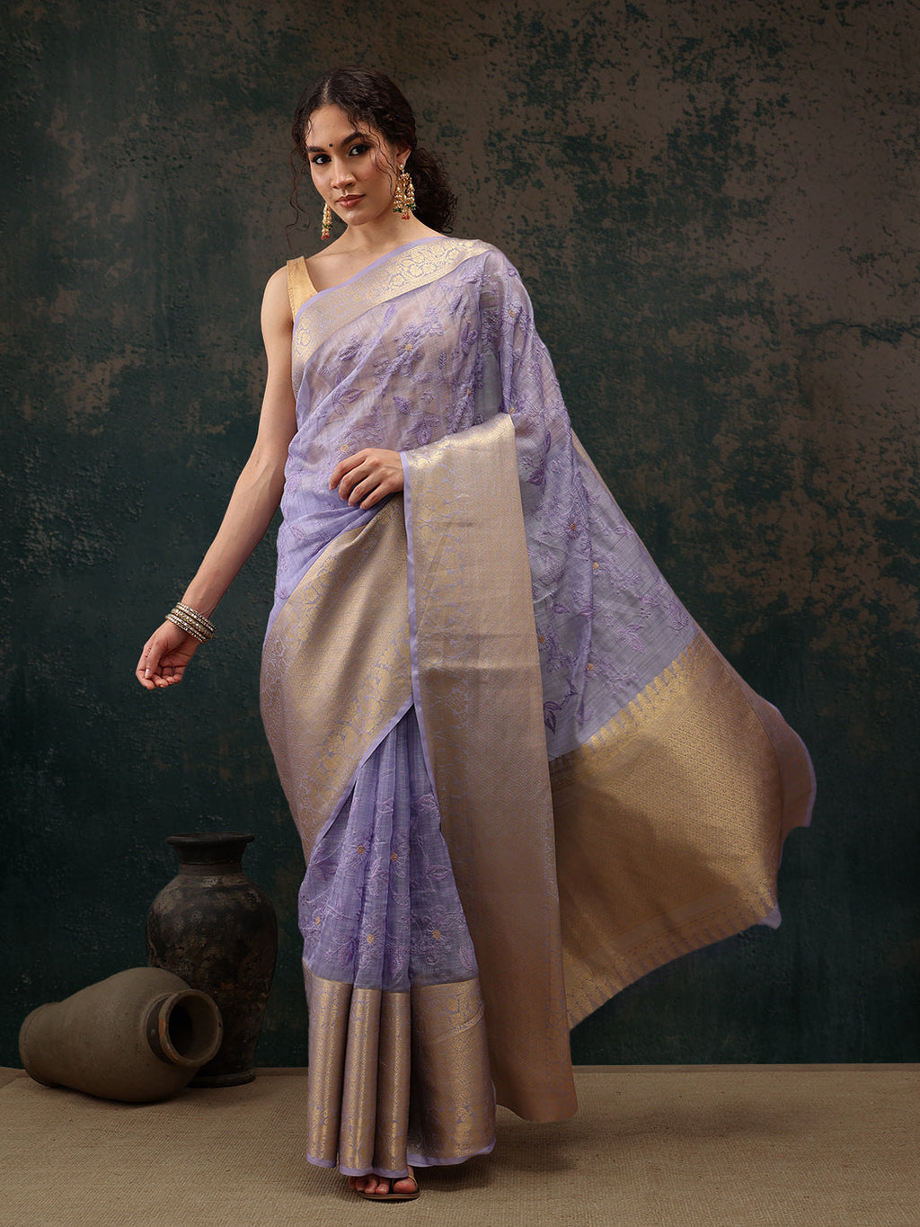 Lavender Kota Doria Embroidered Floral Saree with Unstitched Blouse - Hiral Fashion | Grocsy