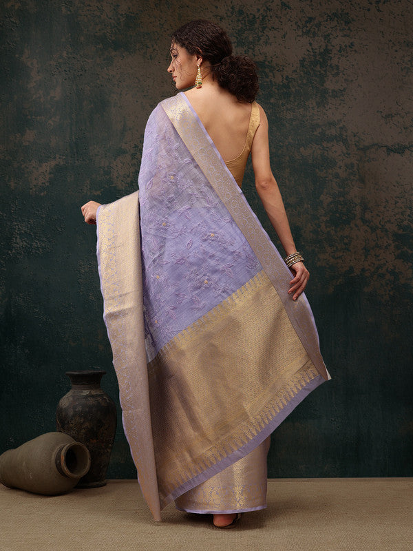 Lavender Kota Doria Embroidered Floral Saree with Unstitched Blouse - Hiral Fashion | Grocsy