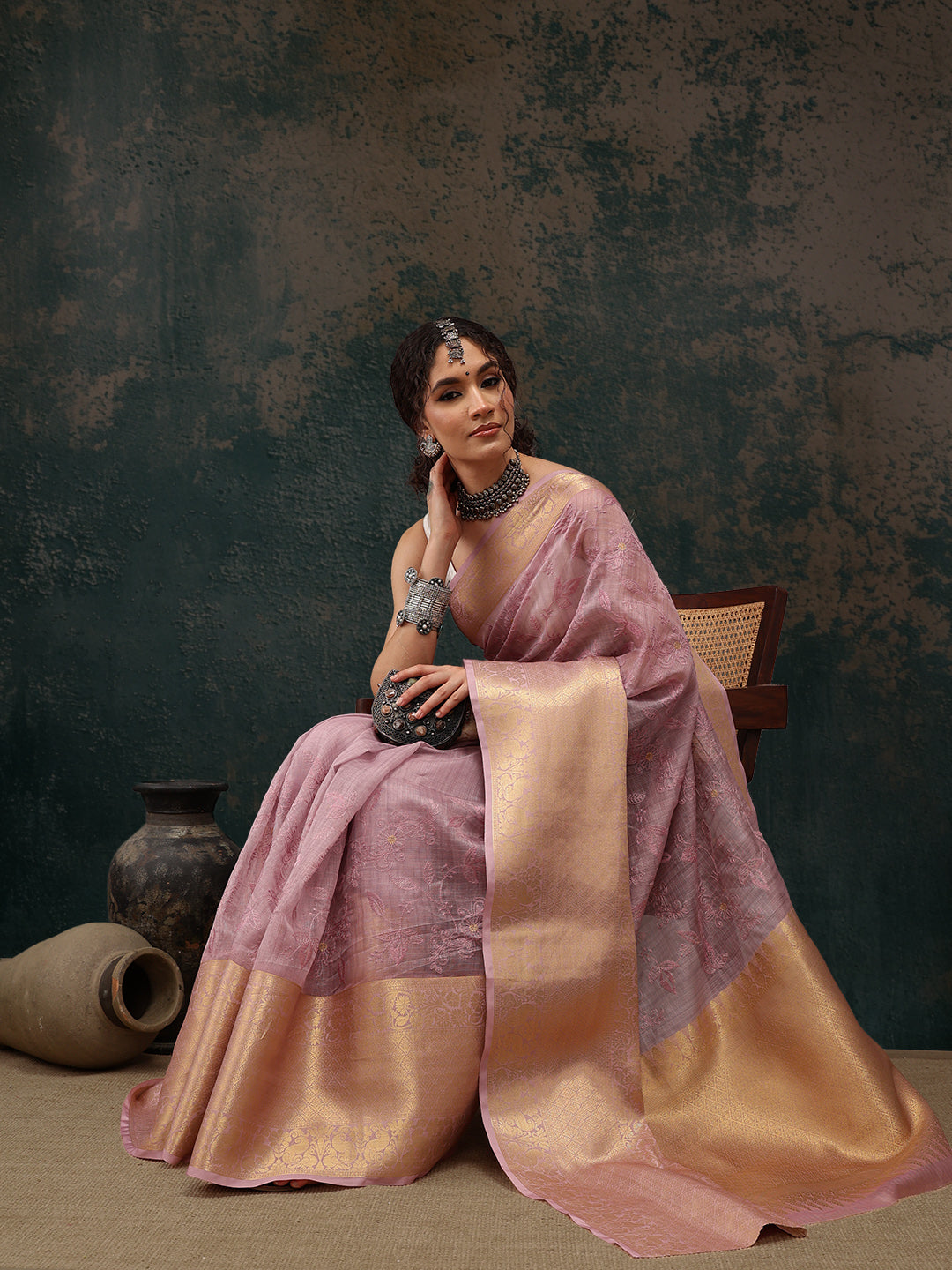 Pink Kota Doria Embroidered Floral Saree with Unstitched Blouse - Hiral Fashion | Grocsy