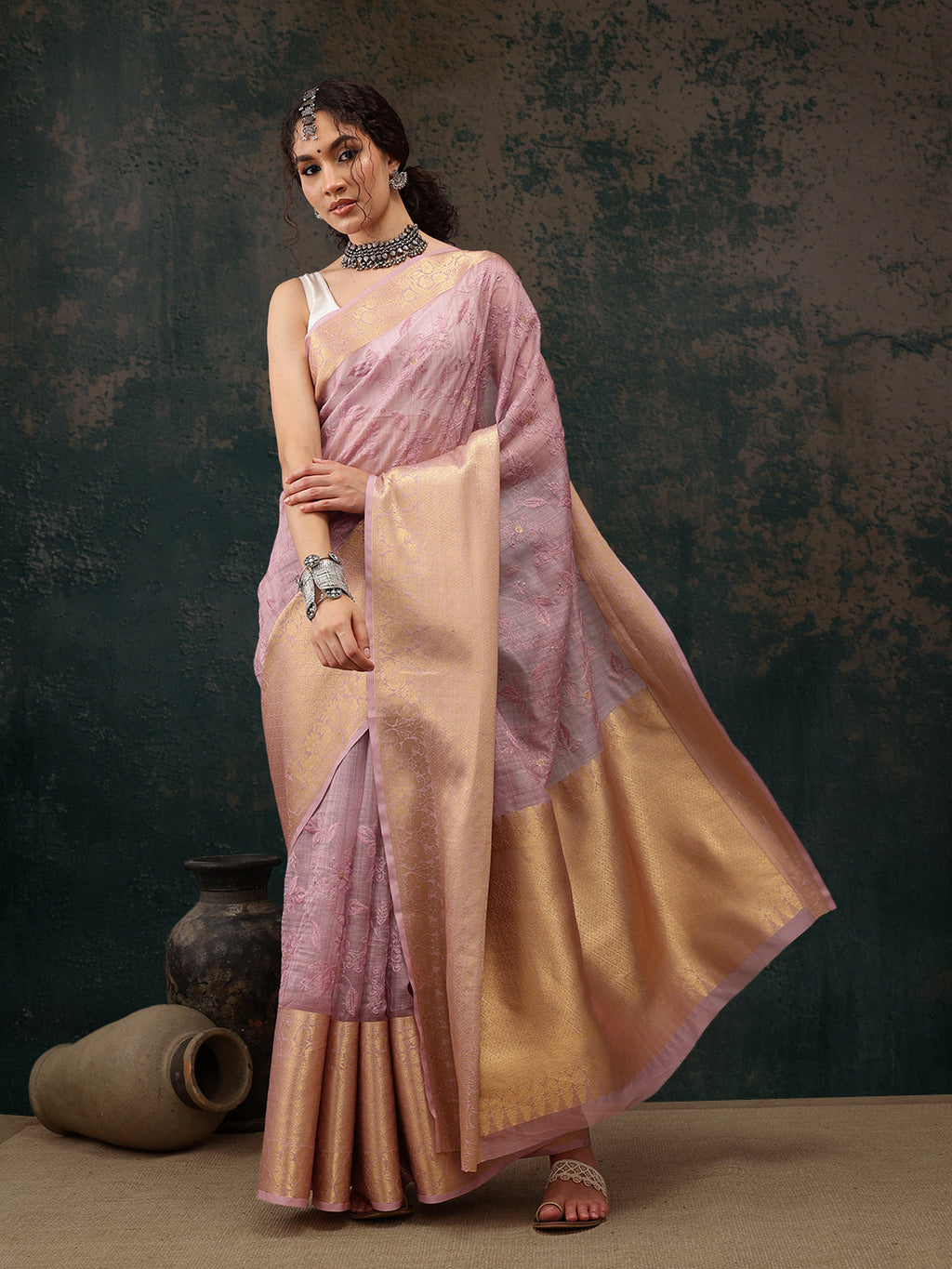 Pink Kota Doria Embroidered Floral Saree with Unstitched Blouse - Hiral Fashion | Grocsy