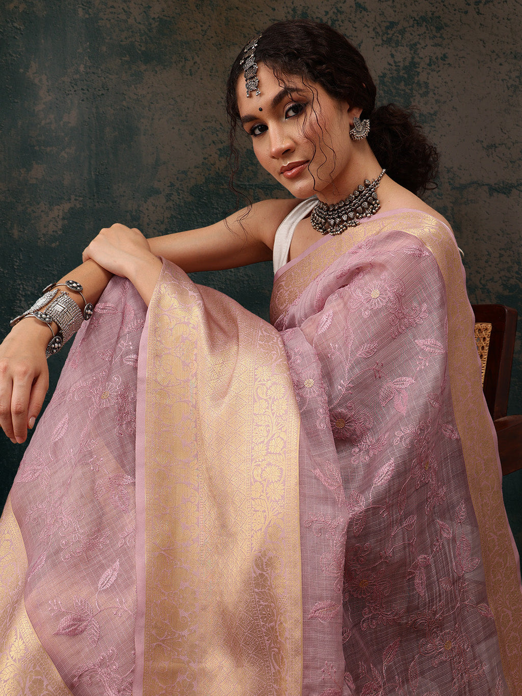 Pink Kota Doria Embroidered Floral Saree with Unstitched Blouse - Hiral Fashion | Grocsy