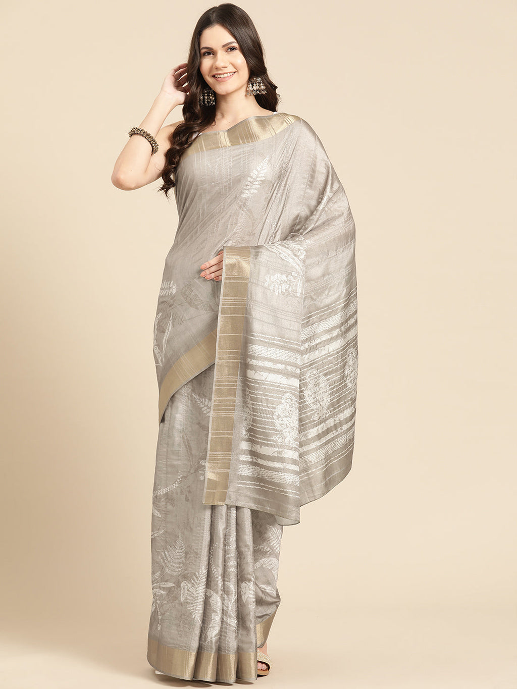 Beige Silk Blend Digital Print Floral Saree with Unstitched Blouse - Hiral Fashion | Grocsy