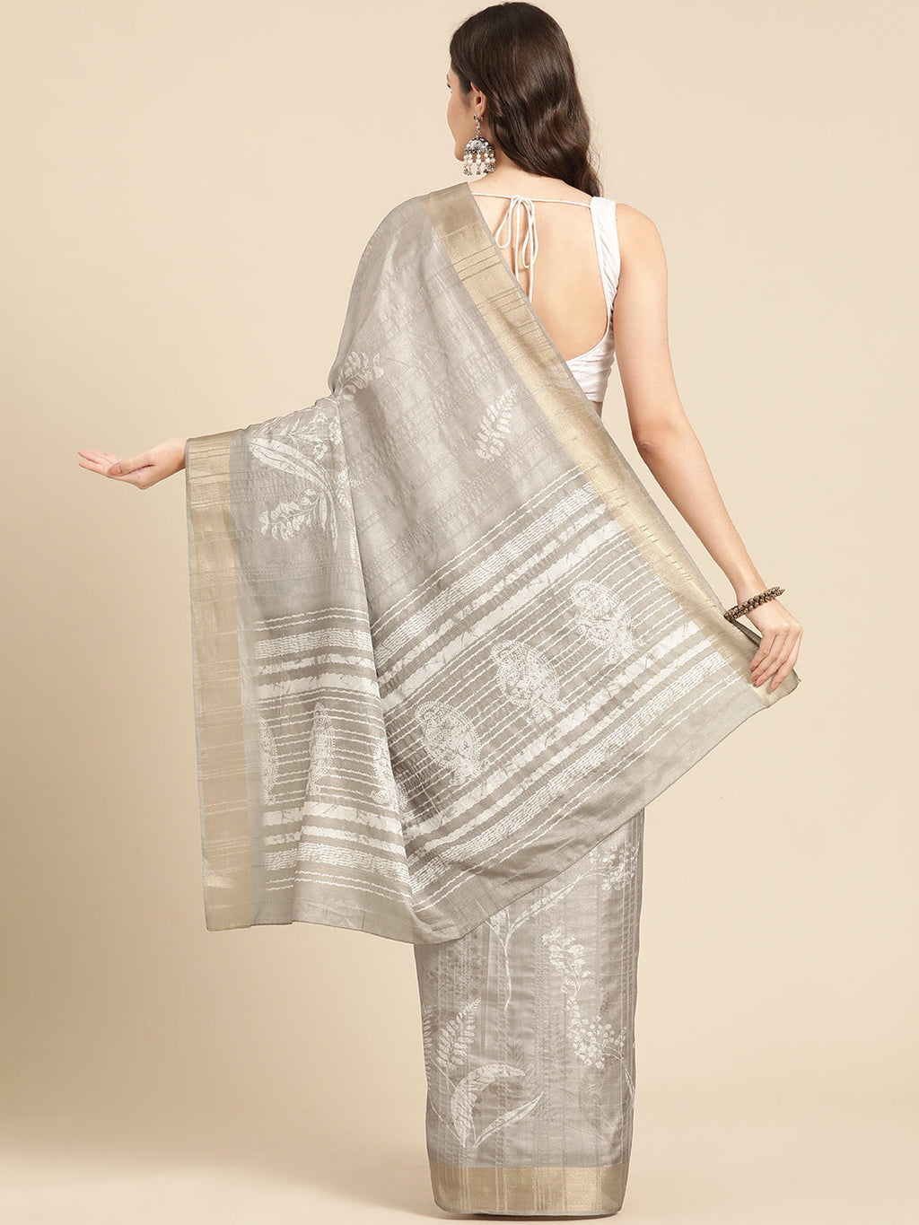 Beige Silk Blend Digital Print Floral Saree with Unstitched Blouse - Hiral Fashion | Grocsy