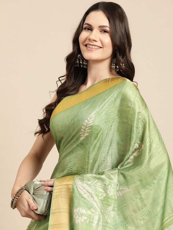 Green Silk Blend Digital Print Floral Saree with Unstitched Blouse - Hiral Fashion | Grocsy