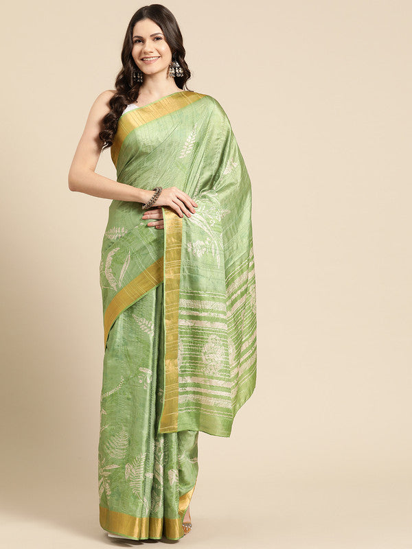 Green Silk Blend Digital Print Floral Saree with Unstitched Blouse - Hiral Fashion | Grocsy