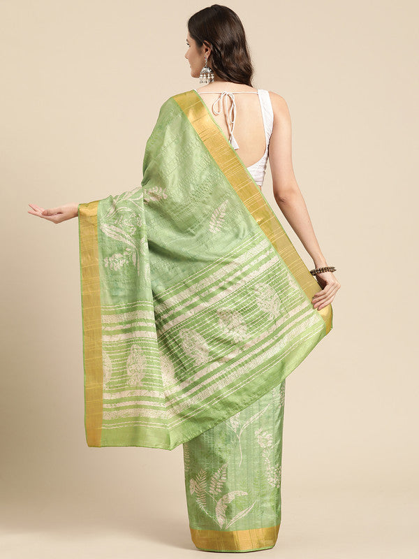 Green Silk Blend Digital Print Floral Saree with Unstitched Blouse - Hiral Fashion | Grocsy