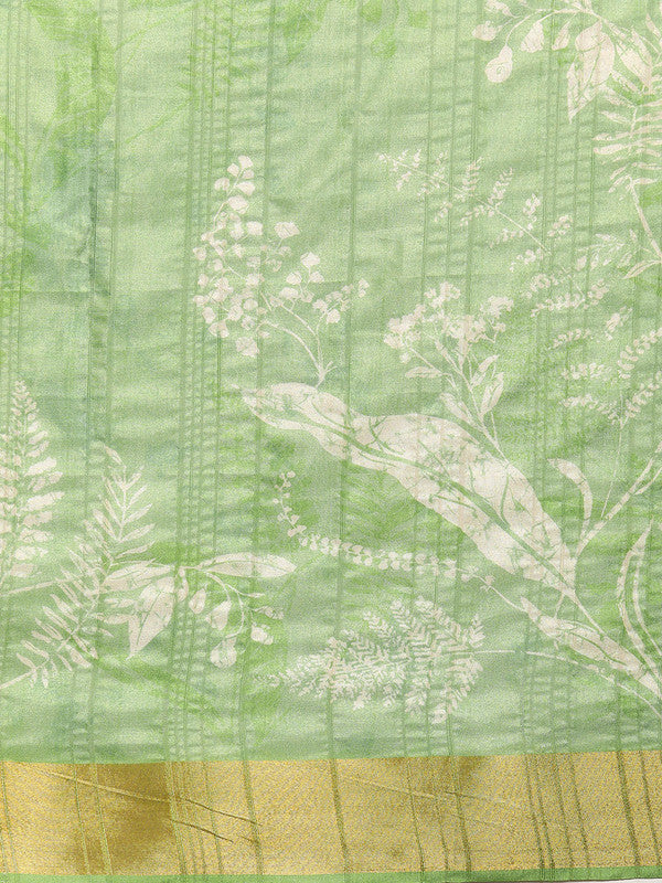 Green Silk Blend Digital Print Floral Saree with Unstitched Blouse - Hiral Fashion | Grocsy