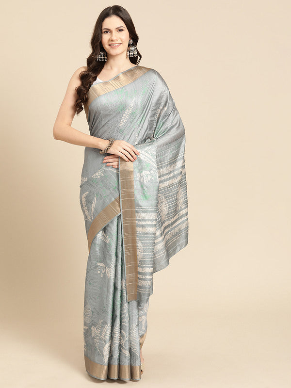Gray Silk Blend Digital Print Floral Saree with Unstitched Blouse - Hiral Fashion | Grocsy