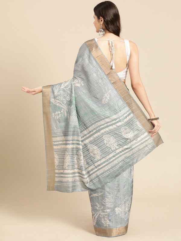 Gray Silk Blend Digital Print Floral Saree with Unstitched Blouse - Hiral Fashion | Grocsy