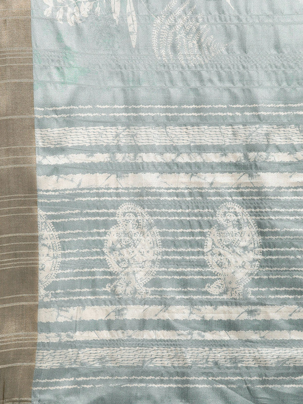 Gray Silk Blend Digital Print Floral Saree with Unstitched Blouse - Hiral Fashion | Grocsy