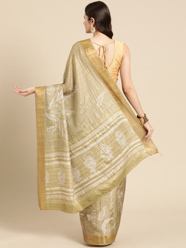 Olive Silk Blend Digital Print Floral Saree with Unstitched Blouse - Hiral Fashion | Grocsy