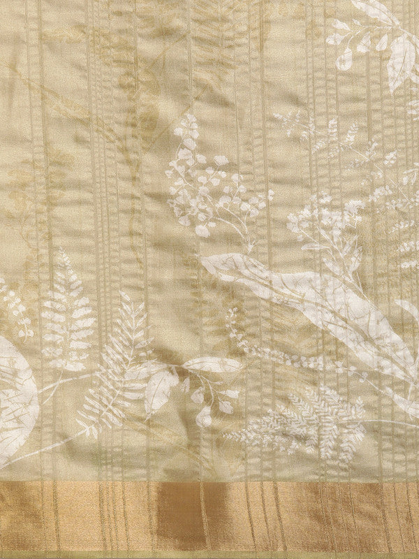 Olive Silk Blend Digital Print Floral Saree with Unstitched Blouse - Hiral Fashion | Grocsy