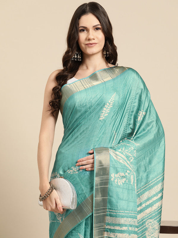 Turquoise Silk Blend Digital Print Floral Saree with Unstitched Blouse - Hiral Fashion | Grocsy