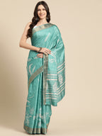 Turquoise Silk Blend Digital Print Floral Saree with Unstitched Blouse - Hiral Fashion | Grocsy