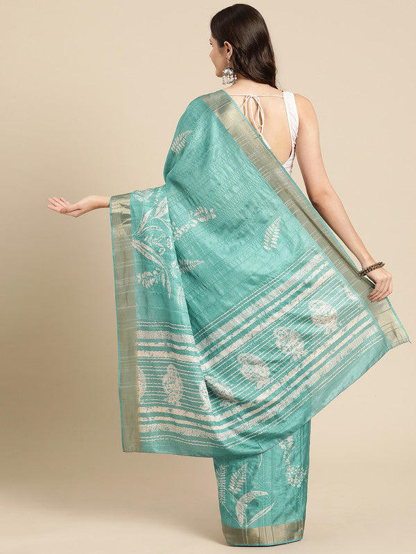 Turquoise Silk Blend Digital Print Floral Saree with Unstitched Blouse - Hiral Fashion | Grocsy