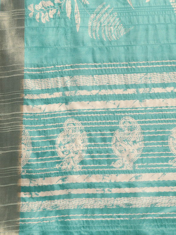 Turquoise Silk Blend Digital Print Floral Saree with Unstitched Blouse - Hiral Fashion | Grocsy