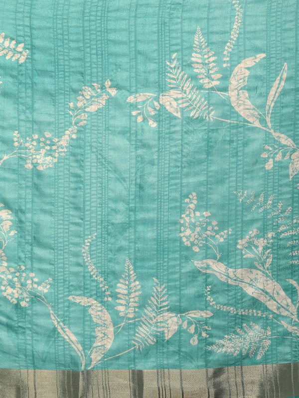 Turquoise Silk Blend Digital Print Floral Saree with Unstitched Blouse - Hiral Fashion | Grocsy