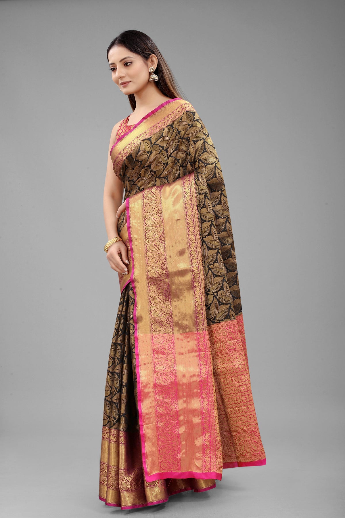 Hiral Fashion Black Banarasi Art Silk Floral Woven Design Saree | Grocsy