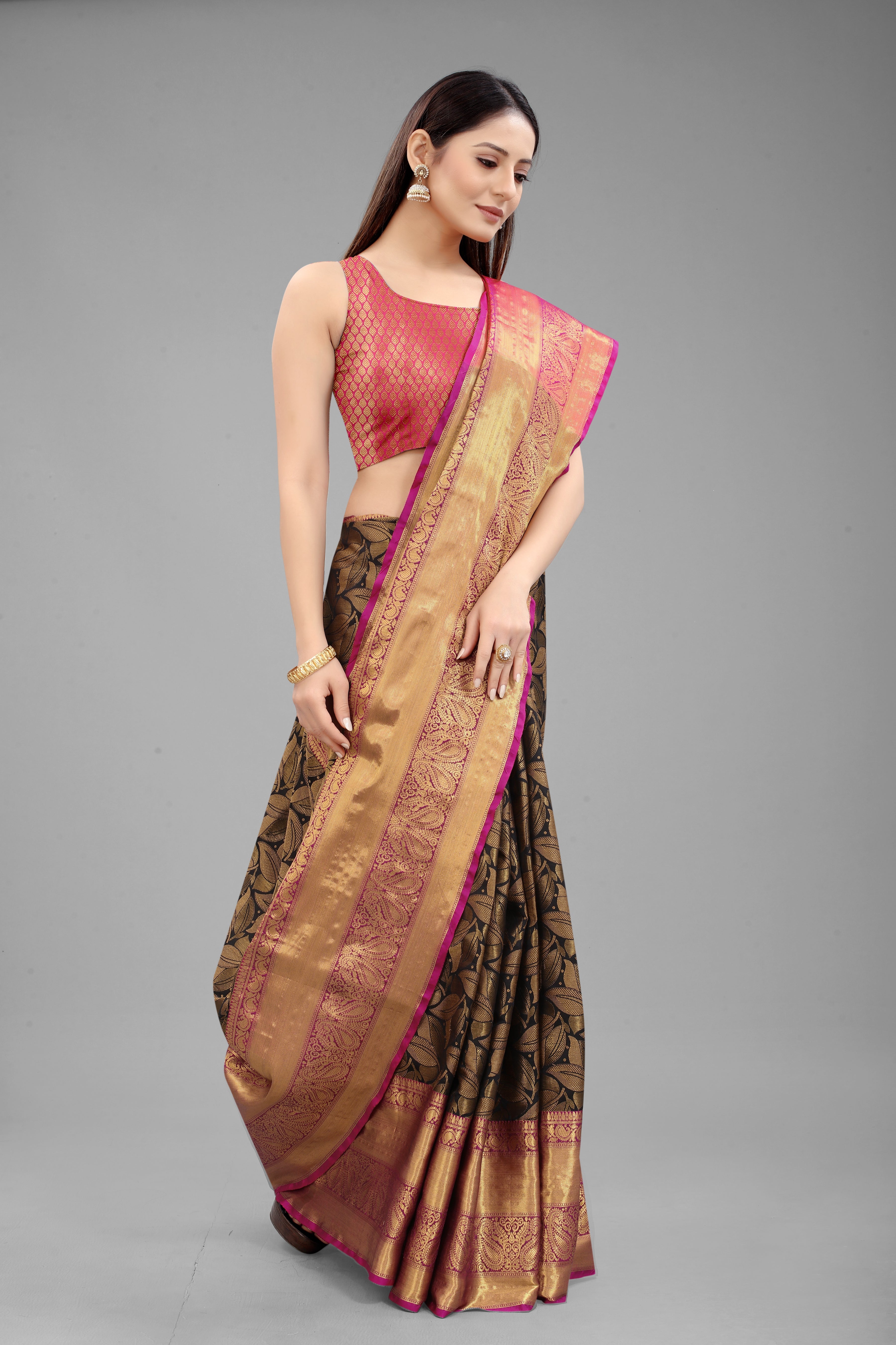 Hiral Fashion Black Banarasi Art Silk Floral Woven Design Saree | Grocsy