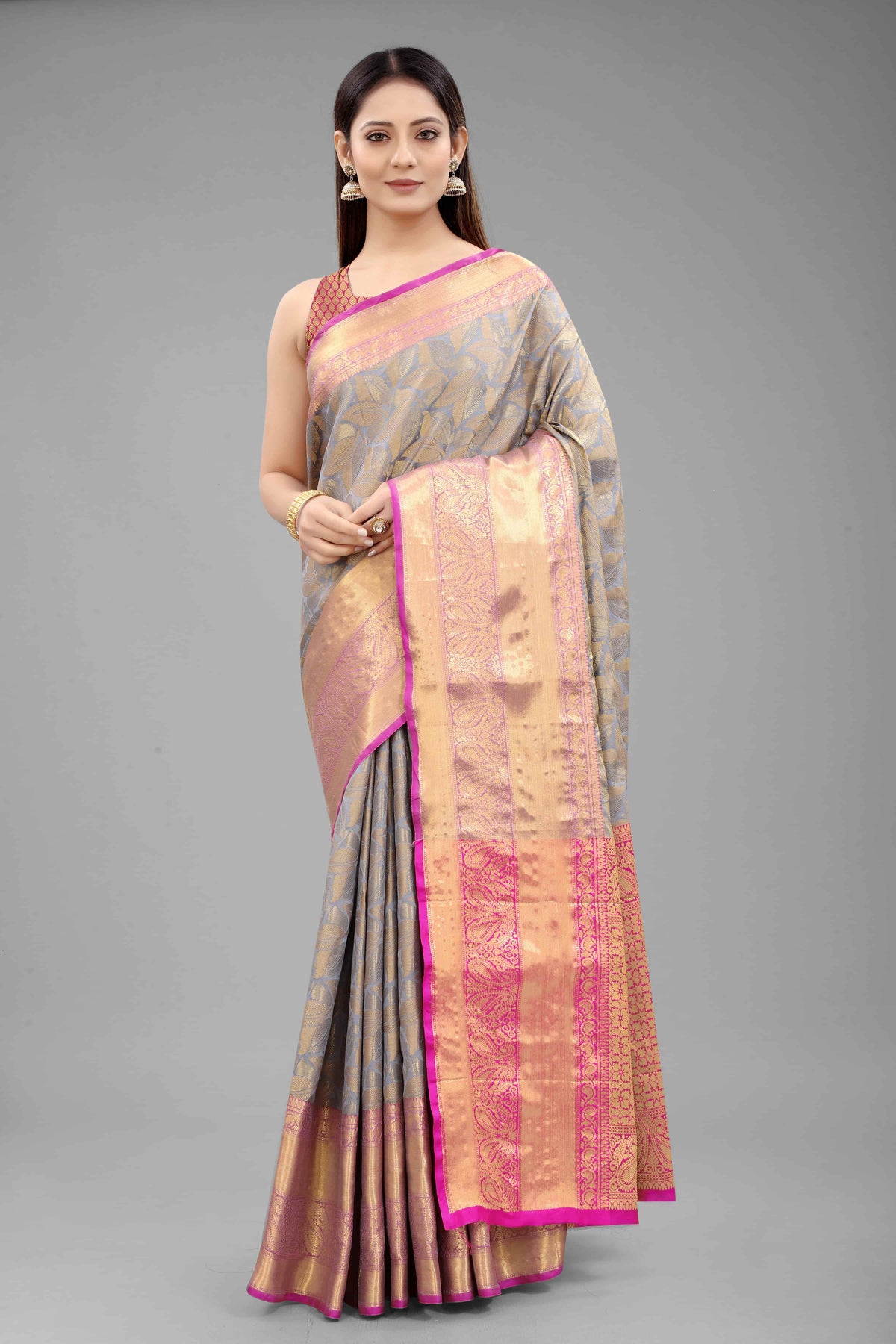 Hiral Fashion Grey Banarasi Art Silk Floral Woven Design Saree | Grocsy