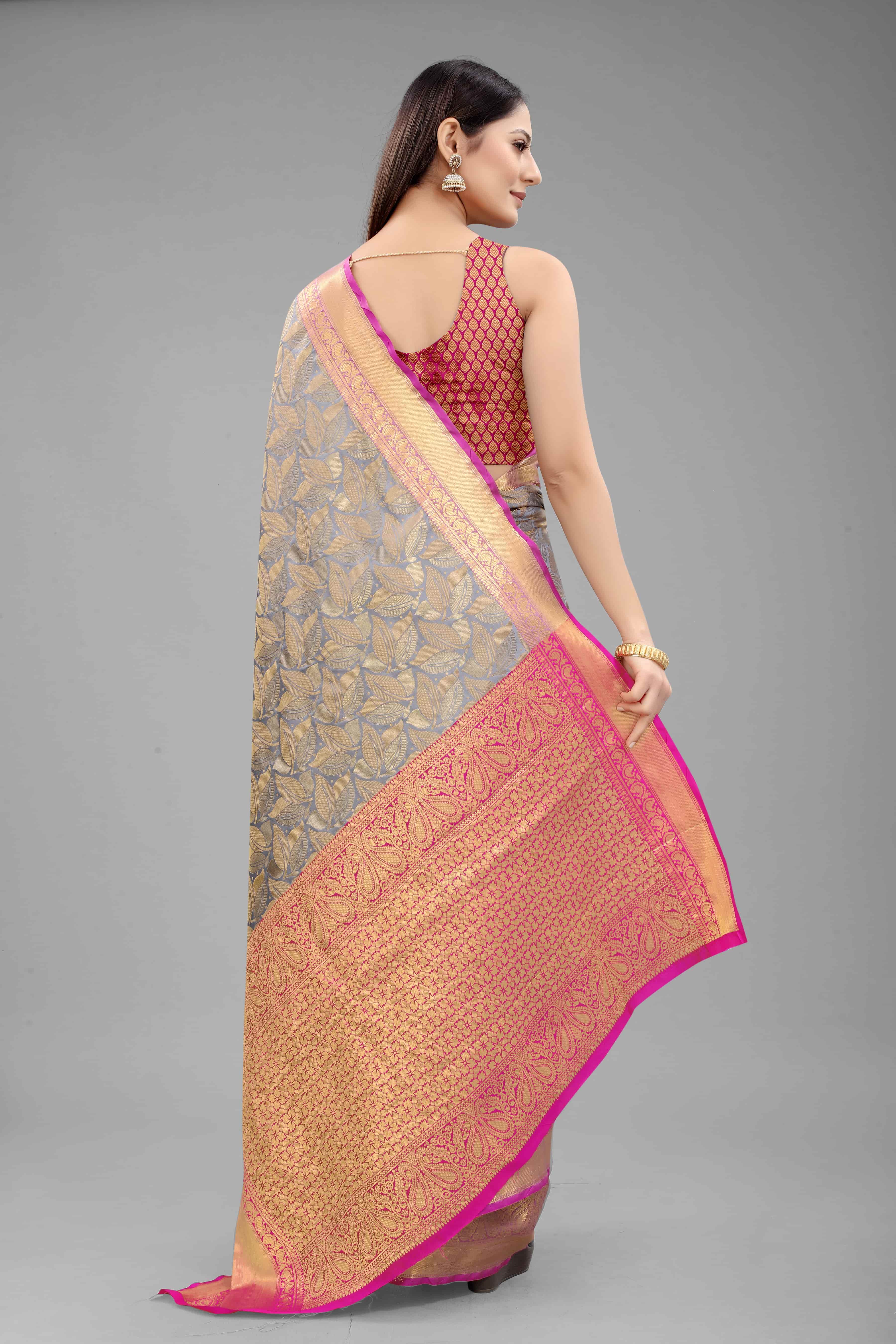 Hiral Fashion Grey Banarasi Art Silk Floral Woven Design Saree | Grocsy