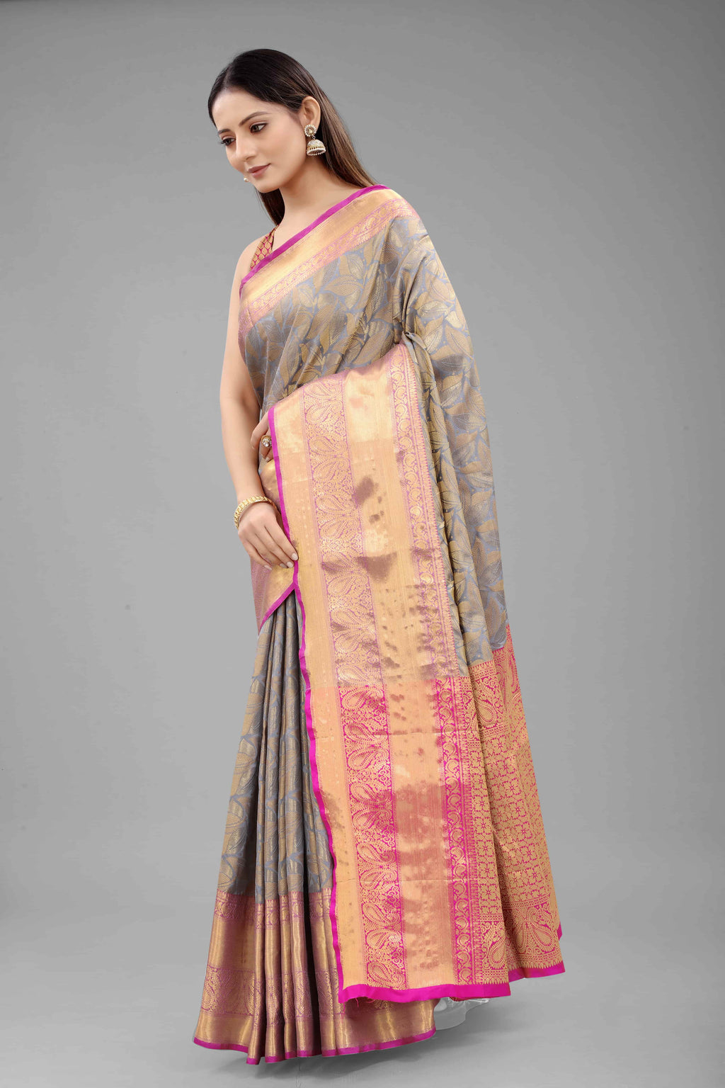 Hiral Fashion Grey Banarasi Art Silk Floral Woven Design Saree | Grocsy