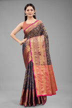 Hiral Fashion Navy Blue Banarasi Art Silk Floral Woven Design Saree | Grocsy