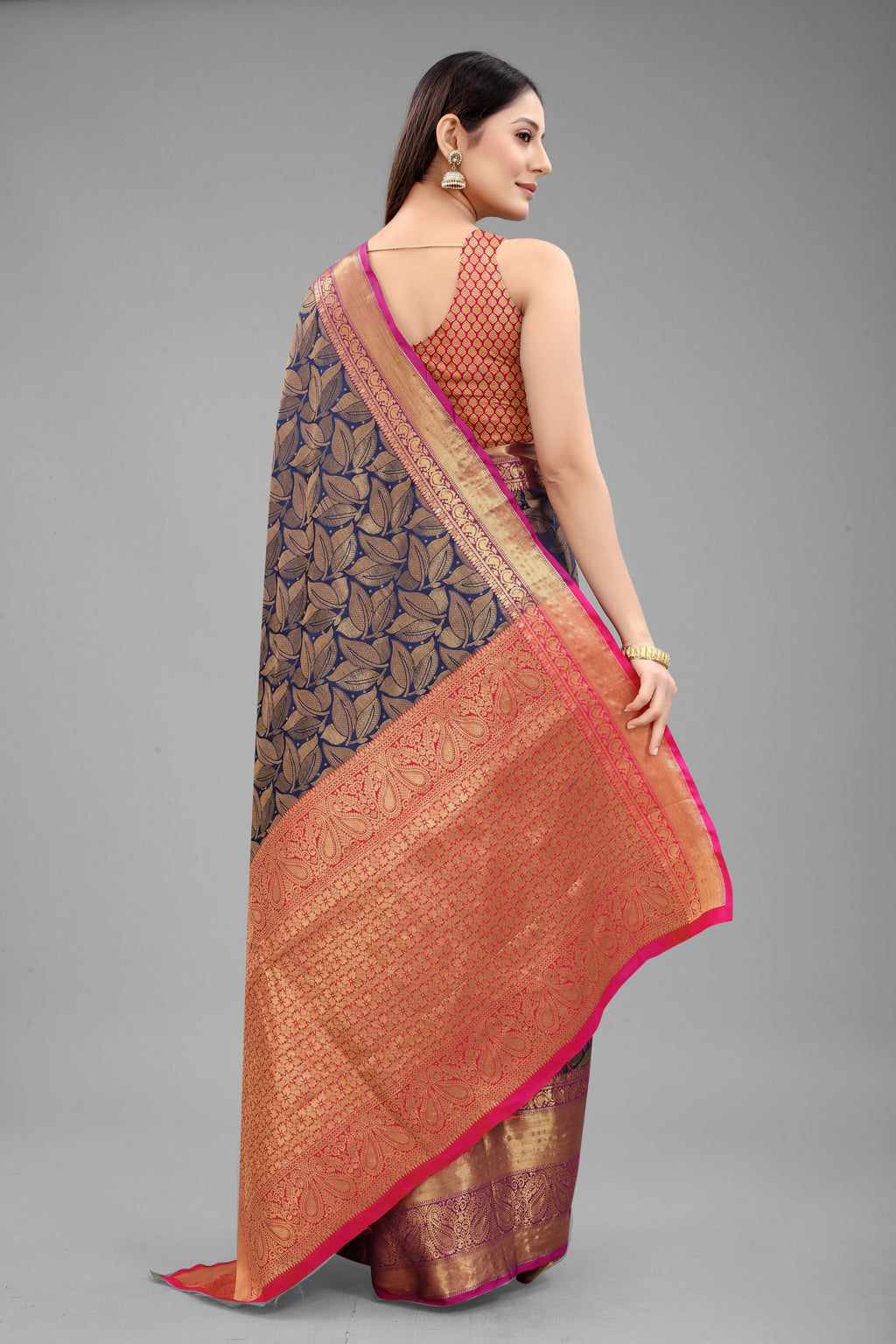 Hiral Fashion Navy Blue Banarasi Art Silk Floral Woven Design Saree | Grocsy