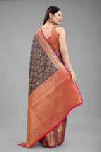 Hiral Fashion Navy Blue Banarasi Art Silk Floral Woven Design Saree | Grocsy