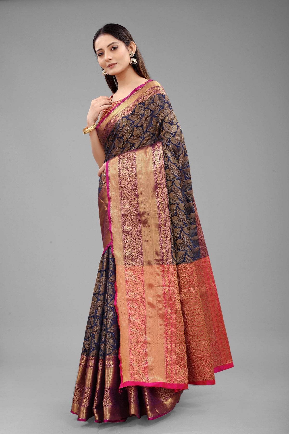 Hiral Fashion Navy Blue Banarasi Art Silk Floral Woven Design Saree | Grocsy